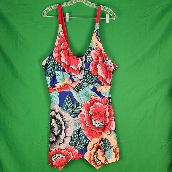 Sea Grove Womens Red Blue Green Floral One Piece Swim Dress Swimsuit 54 XXXXL 4X - Picture 1 of 6